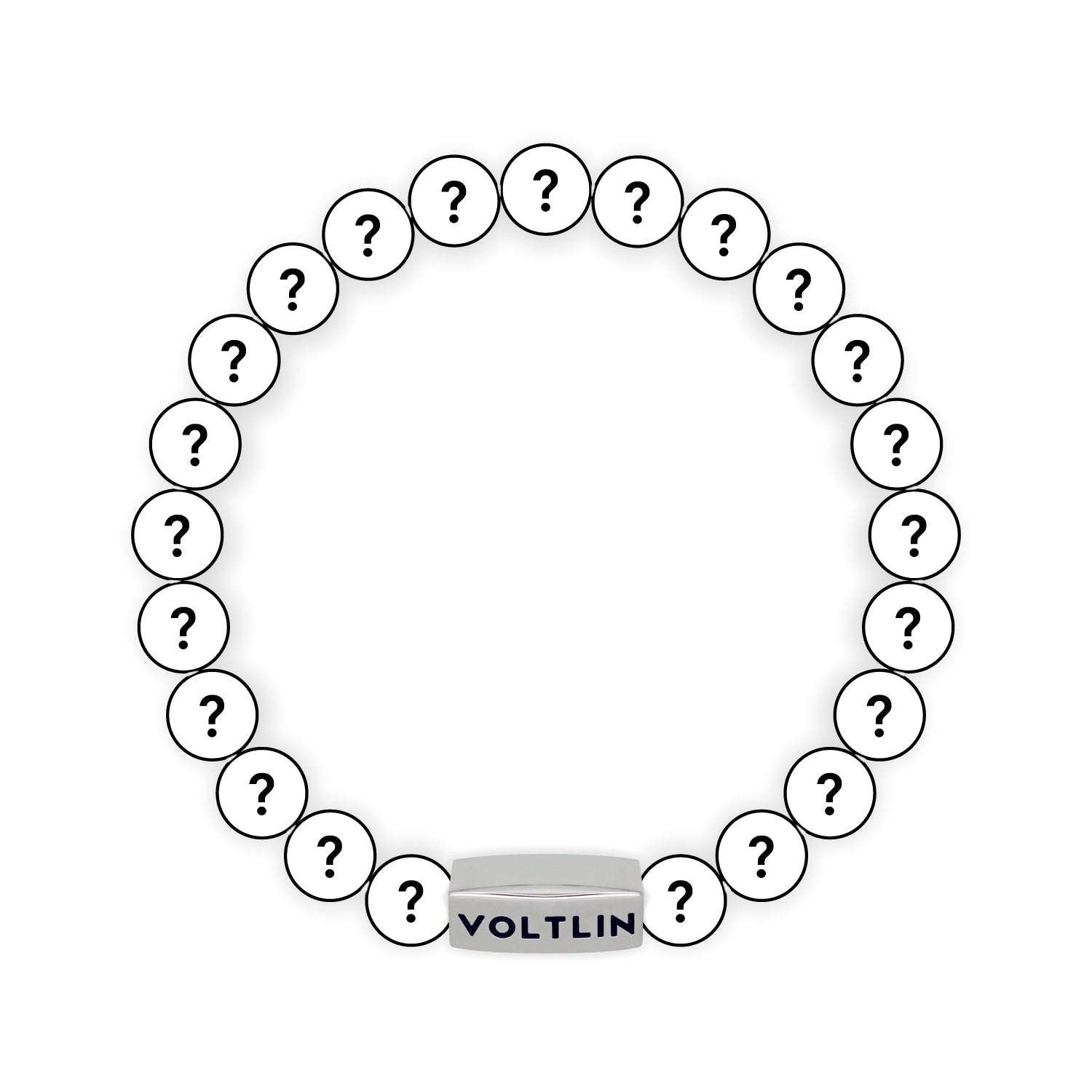 Top view of an 8mm Mystery beaded stretch bracelet with silver stainless steel logo bead made by Voltlin