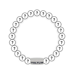 Top view of an 8mm Mystery beaded stretch bracelet with silver stainless steel logo bead made by Voltlin