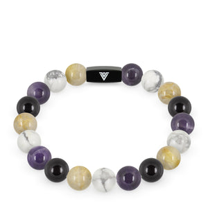 Front view of a 10mm Nonbinary Pride crystal beaded stretch bracelet with black stainless steel logo bead made by Voltlin