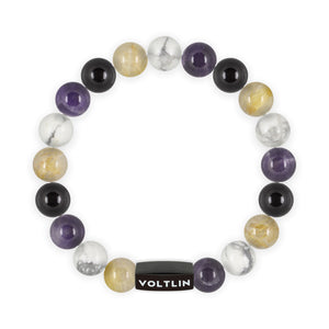 Top view of a 10mm Nonbinary Pride crystal beaded stretch bracelet with black stainless steel logo bead made by Voltlin