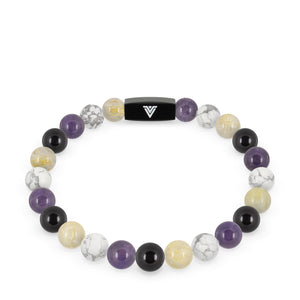  Front view of an 8mm Nonbinary Pride crystal beaded stretch bracelet with black stainless steel logo bead made by Voltlin