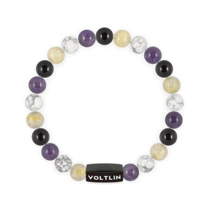Top view of an 8mm Nonbinary Pride crystal beaded stretch bracelet with black stainless steel logo bead made by Voltlin
