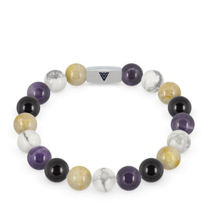 Front view of a 10mm Nonbinary Pride beaded stretch bracelet with silver stainless steel logo bead made by Voltlin