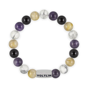 Top view of a 10mm Nonbinary Pride beaded stretch bracelet with silver stainless steel logo bead made by Voltlin