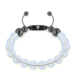 Front view of a 10mm Opalite crystal beaded shamballa bracelet with black stainless steel logo bead made by Voltlin