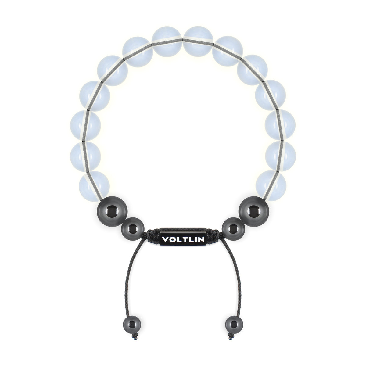 Top view of a 10mm Opalite crystal beaded shamballa bracelet with black stainless steel logo bead made by Voltlin