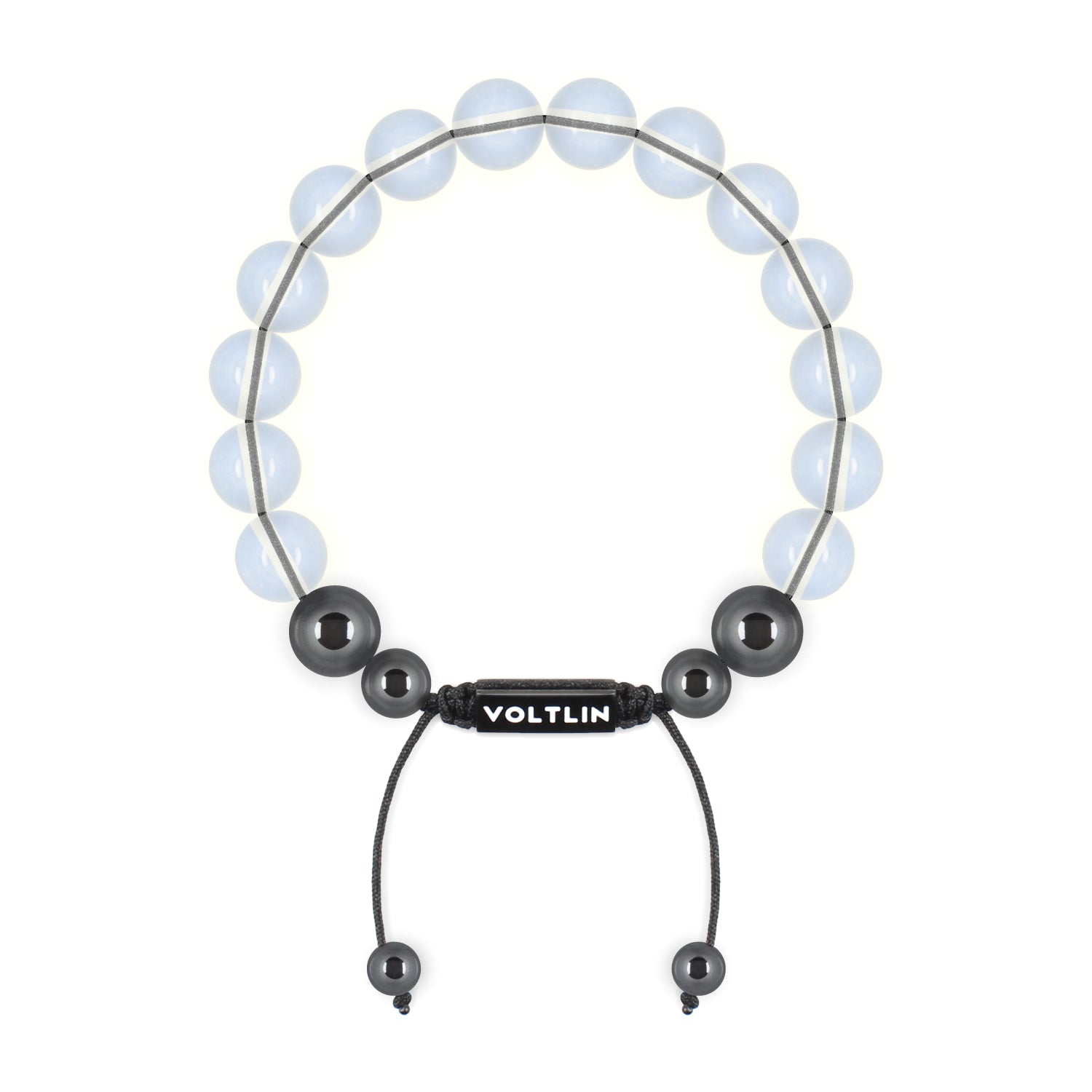 Top view of a 10mm Opalite crystal beaded shamballa bracelet with black stainless steel logo bead made by Voltlin