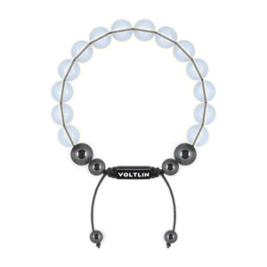 Top view of a 10mm Opalite crystal beaded shamballa bracelet with black stainless steel logo bead made by Voltlin
