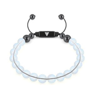 Front view of an 8mm Opalite crystal beaded shamballa bracelet with black stainless steel logo bead made by Voltlin