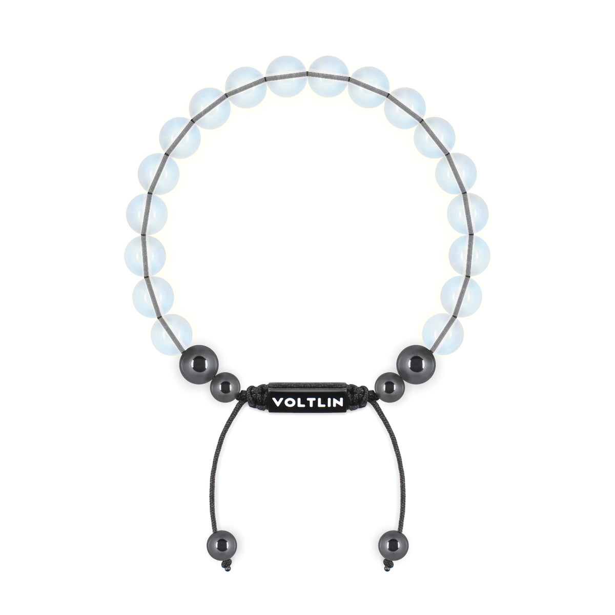 Top view of an 8mm Opalite crystal beaded shamballa bracelet with black stainless steel logo bead made by Voltlin