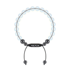 Top view of an 8mm Opalite crystal beaded shamballa bracelet with black stainless steel logo bead made by Voltlin