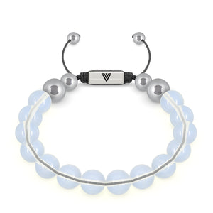 Front view of a 10mm Opalite beaded shamballa bracelet with silver stainless steel logo bead made by Voltlin
