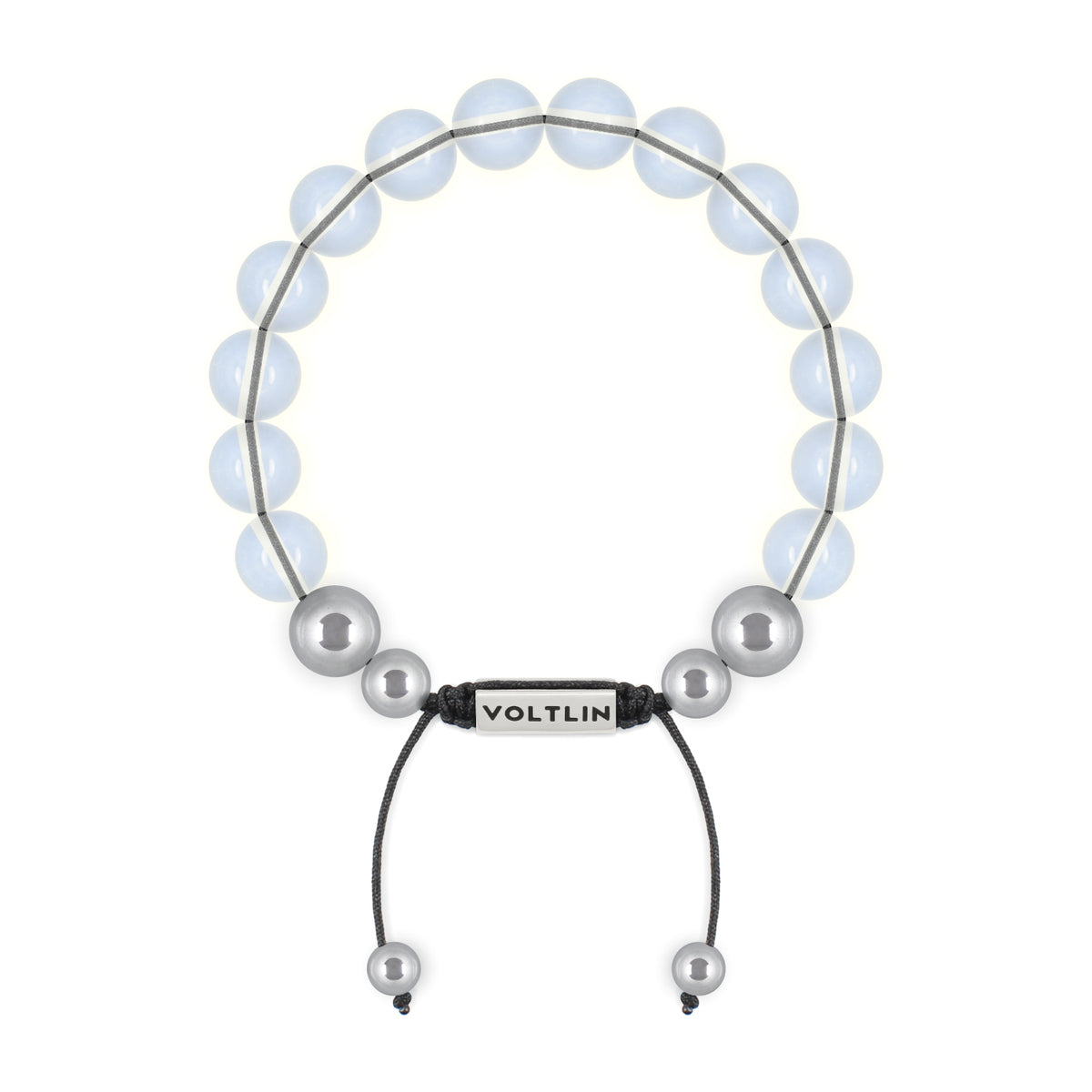 Top view of a 10mm Opalite beaded shamballa bracelet with silver stainless steel logo bead made by Voltlin
