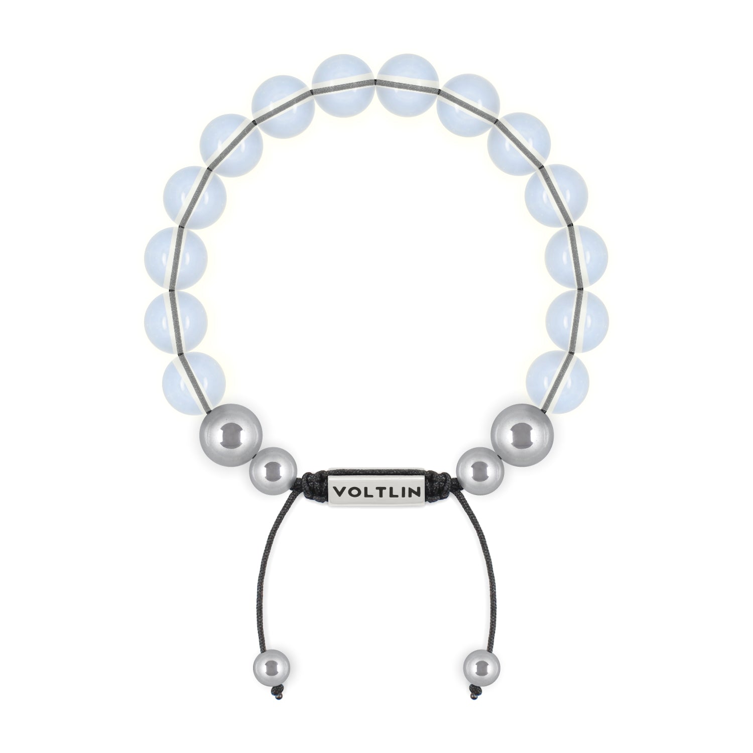 Top view of a 10mm Opalite beaded shamballa bracelet with silver stainless steel logo bead made by Voltlin