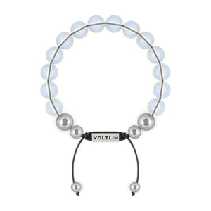 Top view of a 10mm Opalite beaded shamballa bracelet with silver stainless steel logo bead made by Voltlin