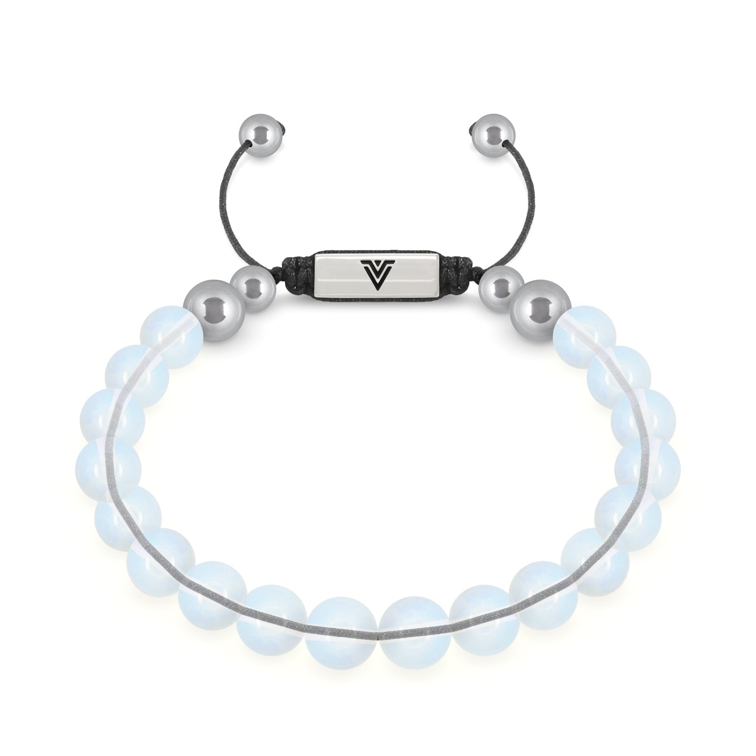 Front view of an 8mm Opalite beaded shamballa bracelet with silver stainless steel logo bead made by Voltlin