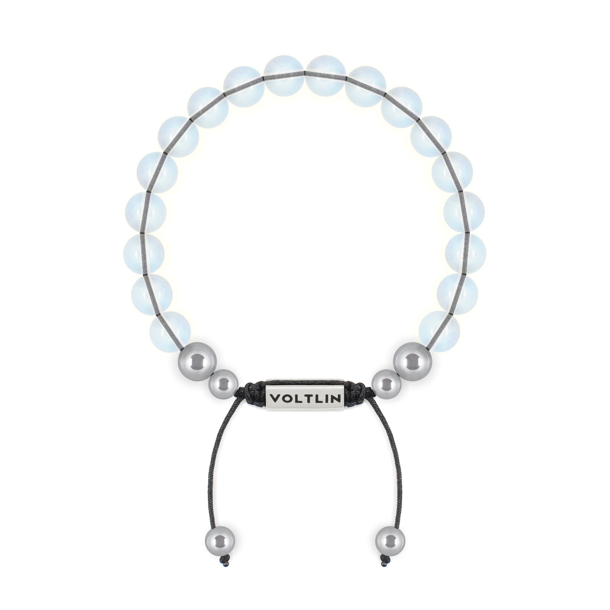 Top view of an 8mm Opalite beaded shamballa bracelet with silver stainless steel logo bead made by Voltlin
