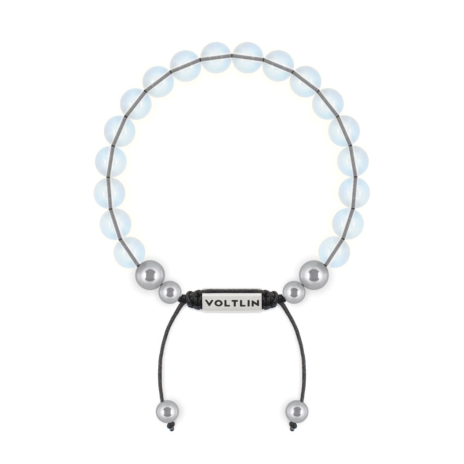 Front view of an 8mm Opalite beaded shamballa bracelet with silver stainless steel logo bead made by Voltlin