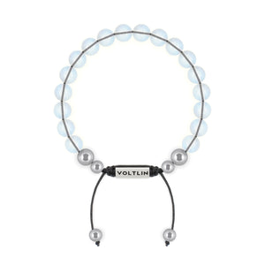Top view of an 8mm Opalite beaded shamballa bracelet with silver stainless steel logo bead made by Voltlin