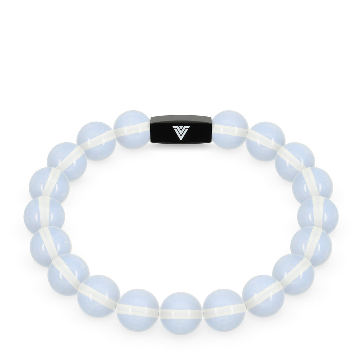 Front view of a 10mm Oaplite crystal beaded stretch bracelet with black stainless steel logo bead made by Voltlin