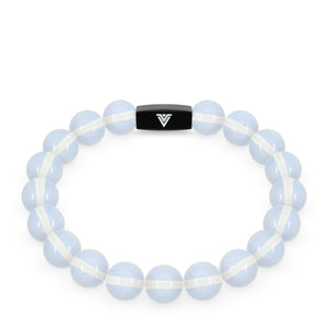 Front view of a 10mm Oaplite crystal beaded stretch bracelet with black stainless steel logo bead made by Voltlin