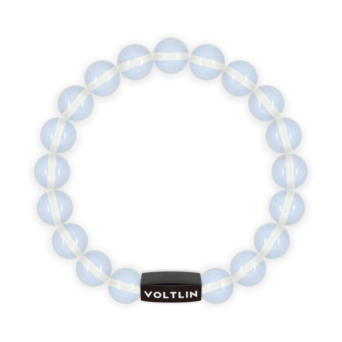 Top view of a 10mm Oaplite crystal beaded stretch bracelet with black stainless steel logo bead made by Voltlin