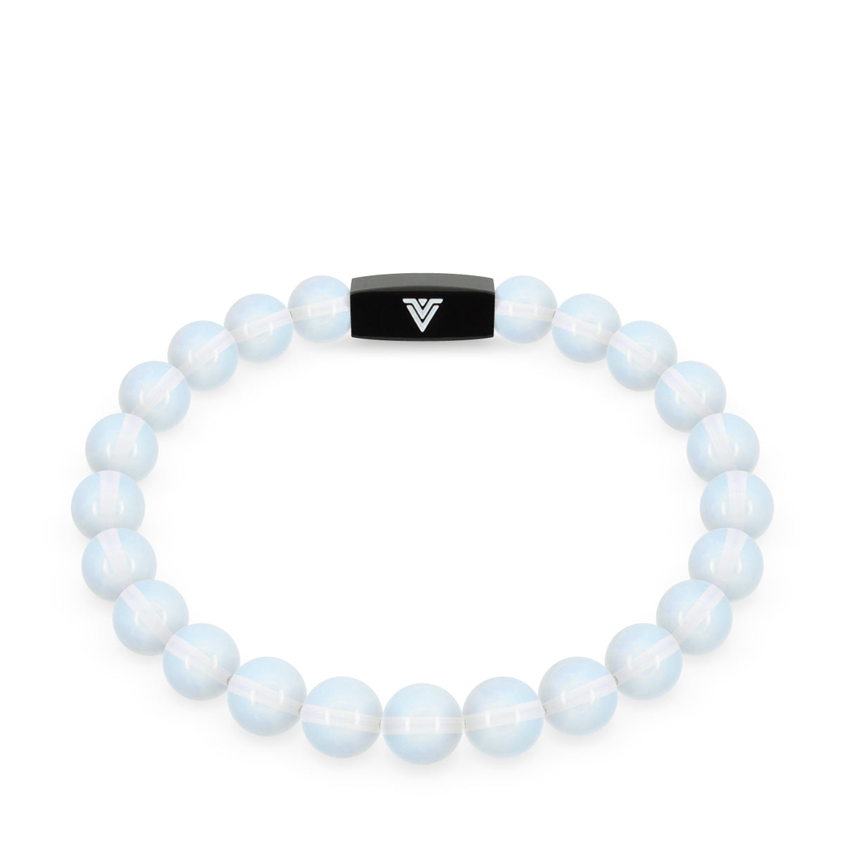 Front view of an 8mm Oaplite crystal beaded stretch bracelet with black stainless steel logo bead made by Voltlin