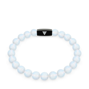 Front view of an 8mm Oaplite crystal beaded stretch bracelet with black stainless steel logo bead made by Voltlin