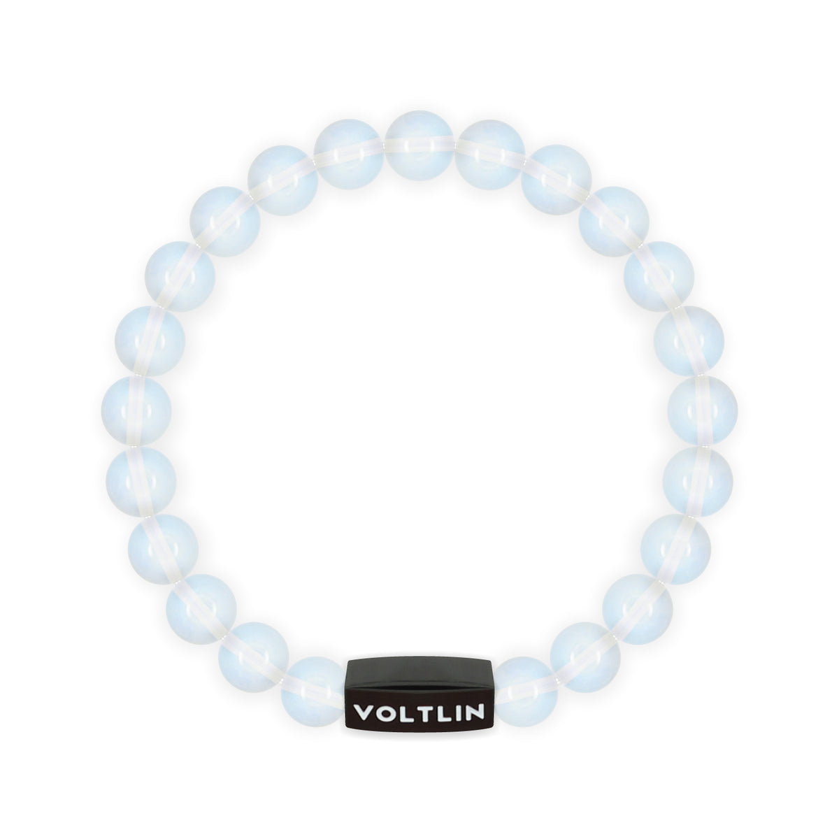 Top view of an 8mm Oaplite crystal beaded stretch bracelet with black stainless steel logo bead made by Voltlin