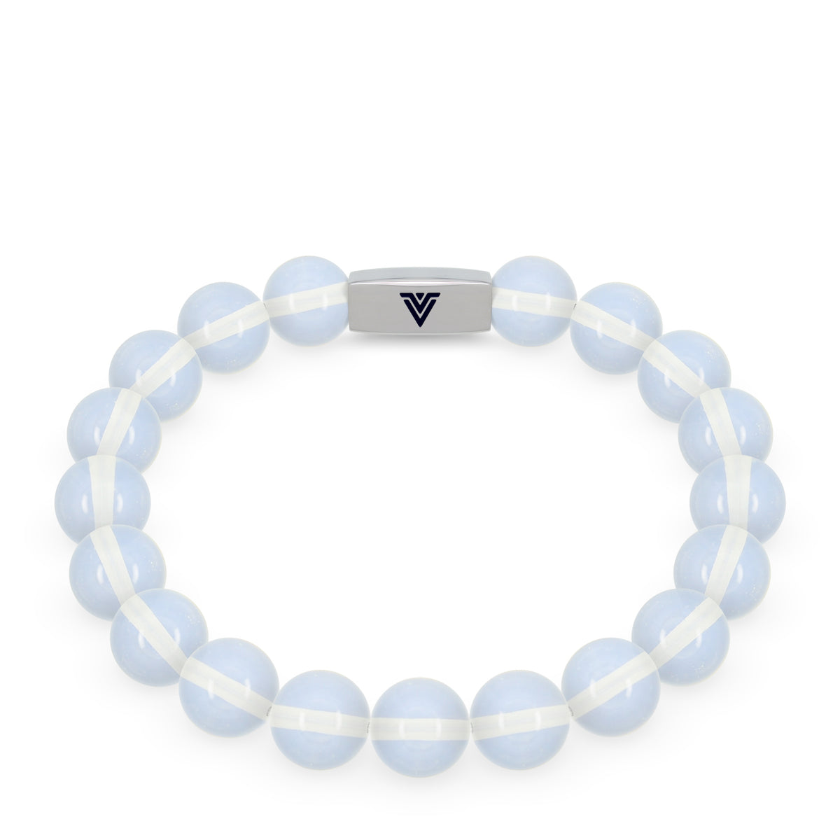 Front view of a 10mm Opalite beaded stretch bracelet with silver stainless steel logo bead made by Voltlin