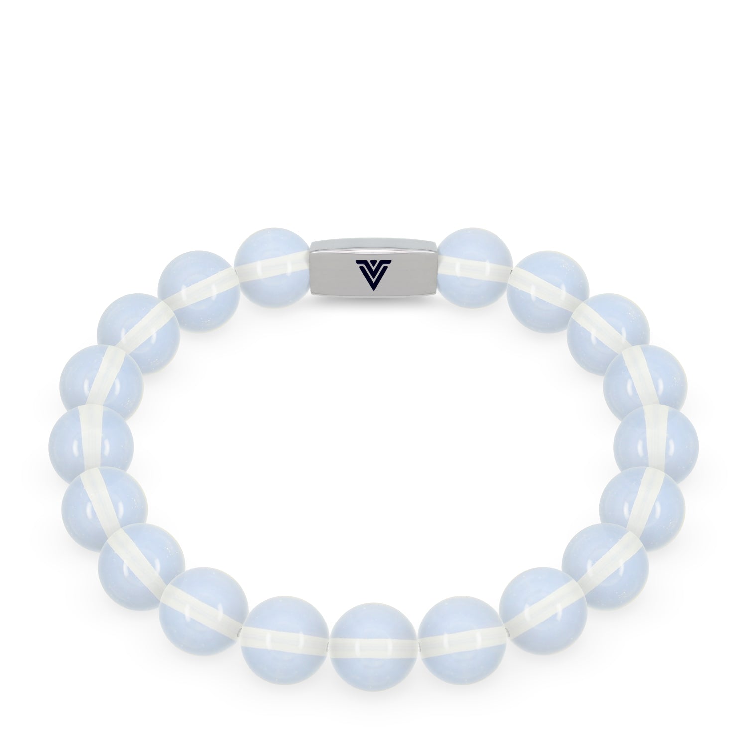 Front view of a 10mm Opalite beaded stretch bracelet with silver stainless steel logo bead made by Voltlin