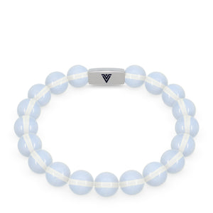 Front view of a 10mm Opalite beaded stretch bracelet with silver stainless steel logo bead made by Voltlin