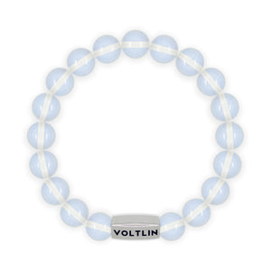 Top view of a 10mm Opalite beaded stretch bracelet with silver stainless steel logo bead made by Voltlin