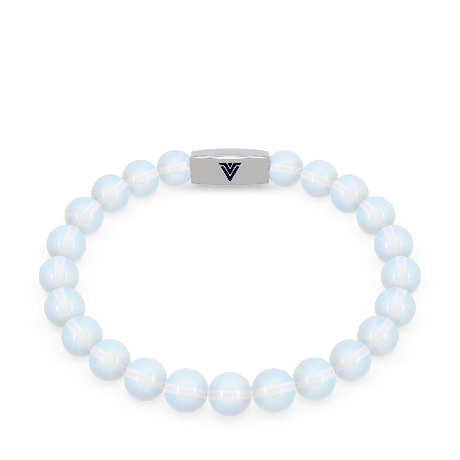 Front view of an 8mm Opalite beaded stretch bracelet with silver stainless steel logo bead made by Voltlin