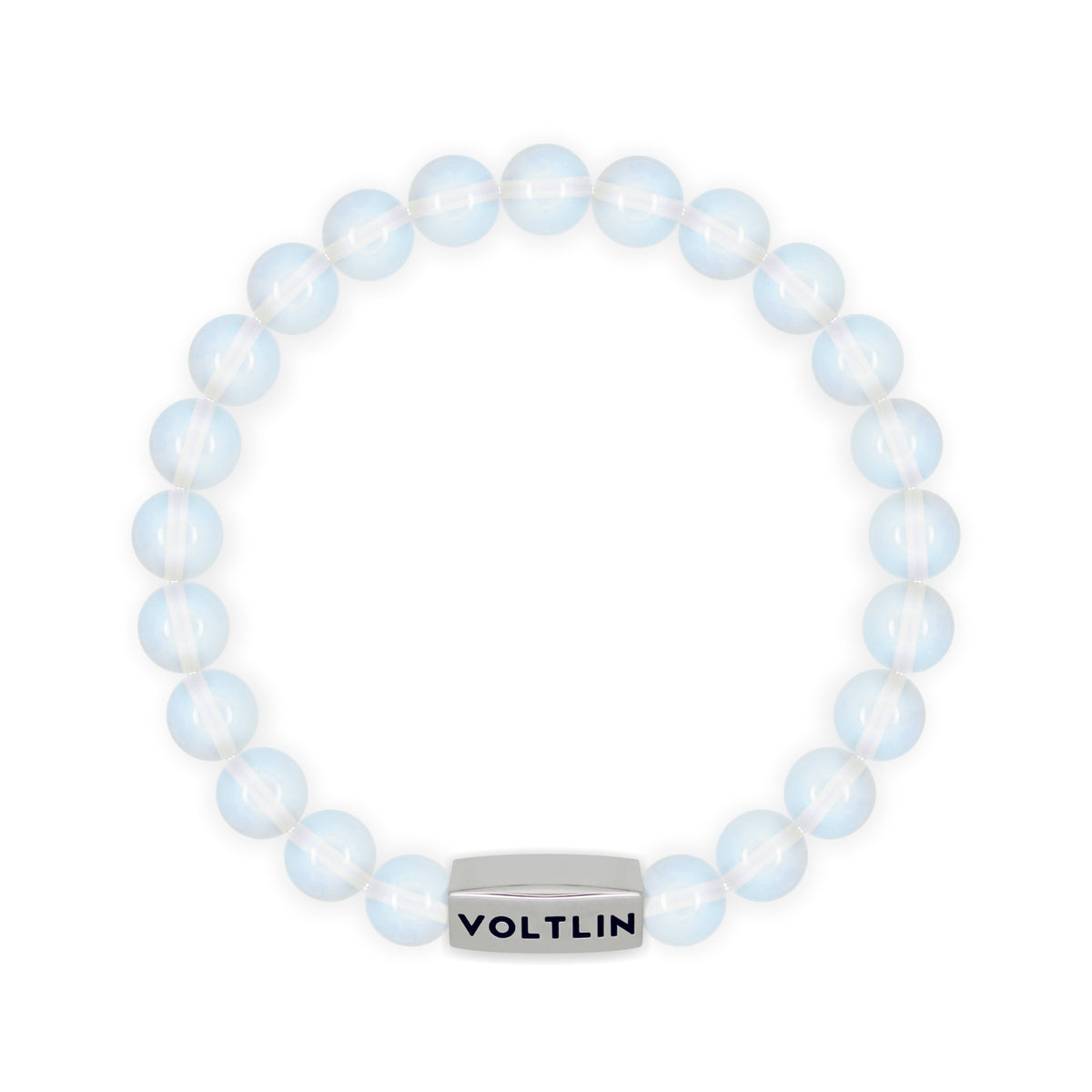 Top view of an 8mm Opalite beaded stretch bracelet with silver stainless steel logo bead made by Voltlin