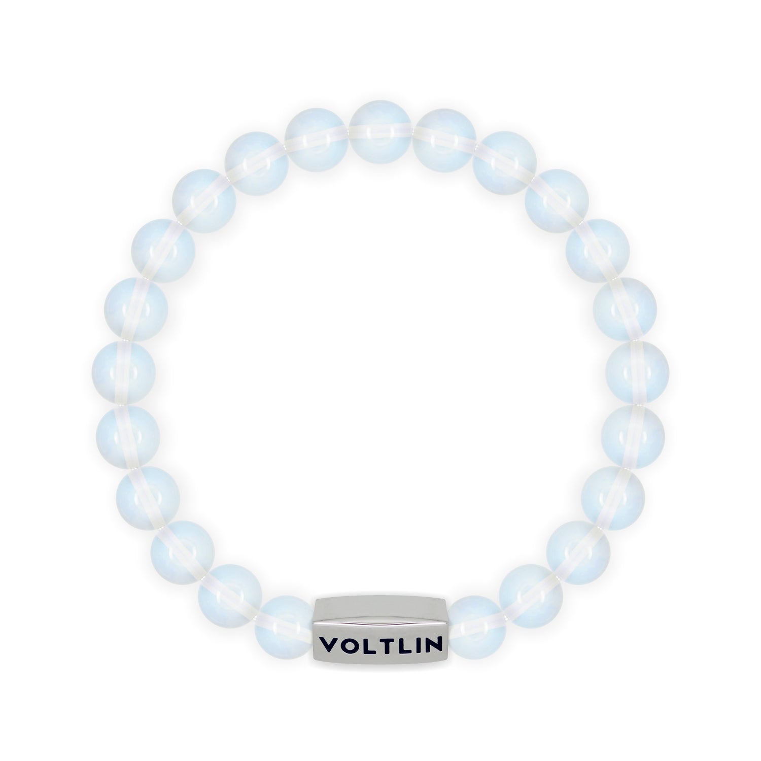 Front view of an 8mm Opalite beaded stretch bracelet with silver stainless steel logo bead made by Voltlin