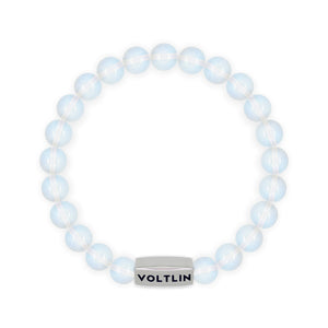 Top view of an 8mm Opalite beaded stretch bracelet with silver stainless steel logo bead made by Voltlin