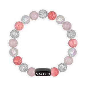 Top view of a 10 mm Pink Sirius beaded stretch bracelet featuring Rose Quartz, Silver Pave, Rhodochrosite, & Angel Aura Quartz crystal and black stainless steel logo bead made by Voltlin