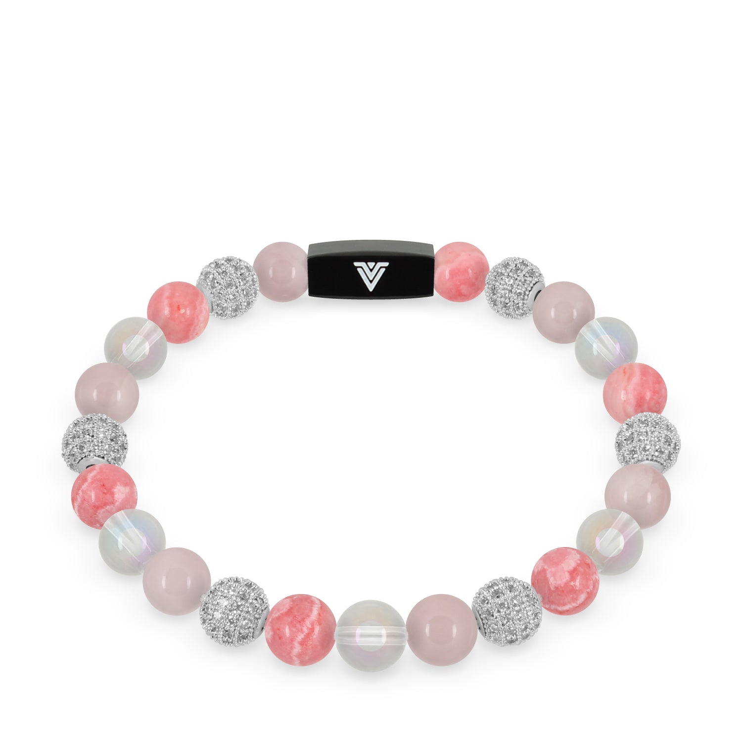 Front view of an 8mm Pink Sirius beaded stretch bracelet featuring Rose Quartz, Silver Pave, Rhodochrosite, & Angel Aura Quartz crystal and black stainless steel logo bead made by Voltlin