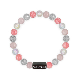 Top view of an 8 mm Pink Sirius beaded stretch bracelet featuring Rose Quartz, Silver Pave, Rhodochrosite, & Angel Aura Quartz crystal and black stainless steel logo bead made by Voltlin