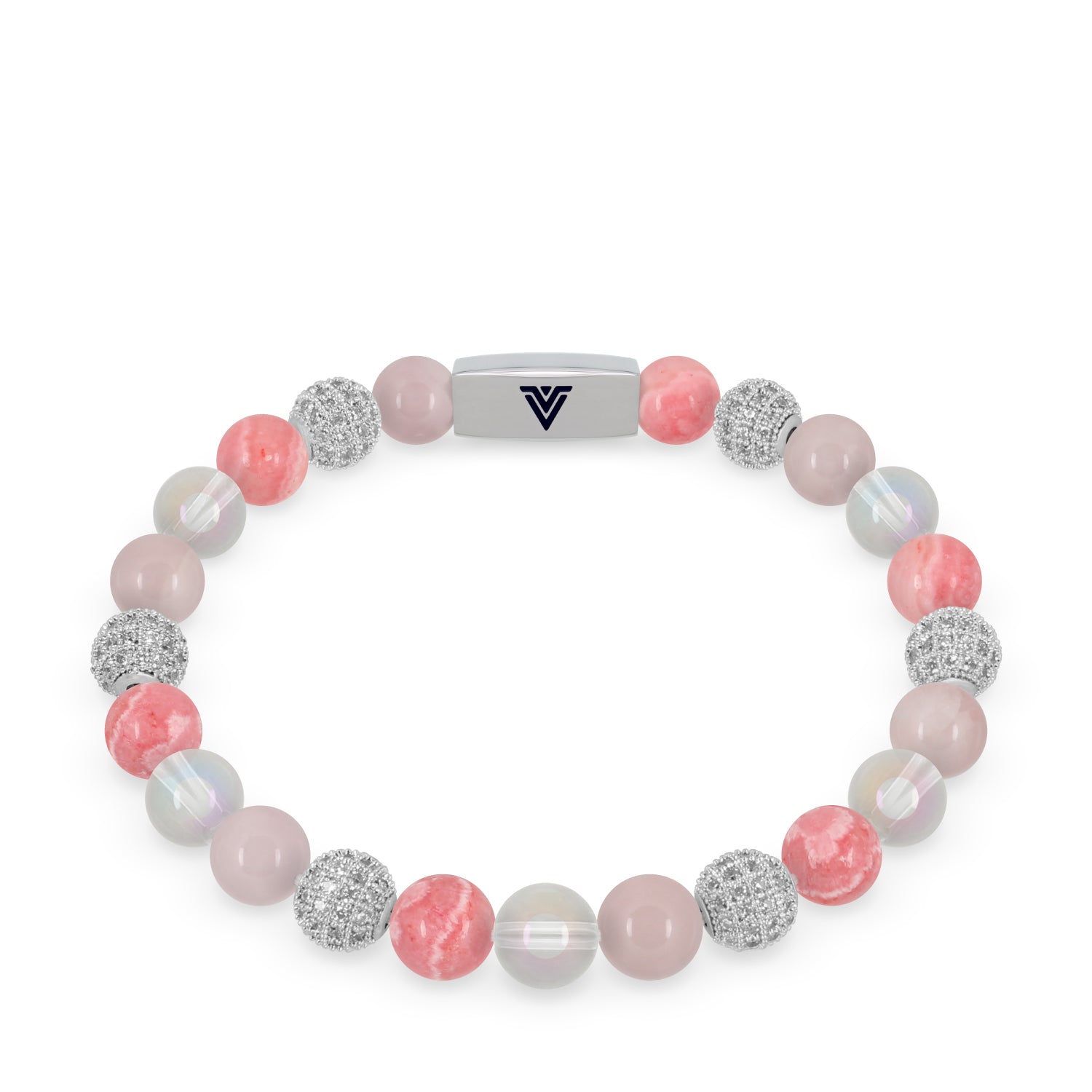 Front view of an 8mm Pink Sirius beaded stretch bracelet featuring Rose Quartz, Silver Pave, Rhodochrosite, & Angel Aura Quartz crystal and silver stainless steel logo bead made by Voltlin