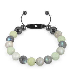 Front view of a 10mm Pisces Zodiac crystal beaded shamballa bracelet with black stainless steel logo bead made by Voltlin