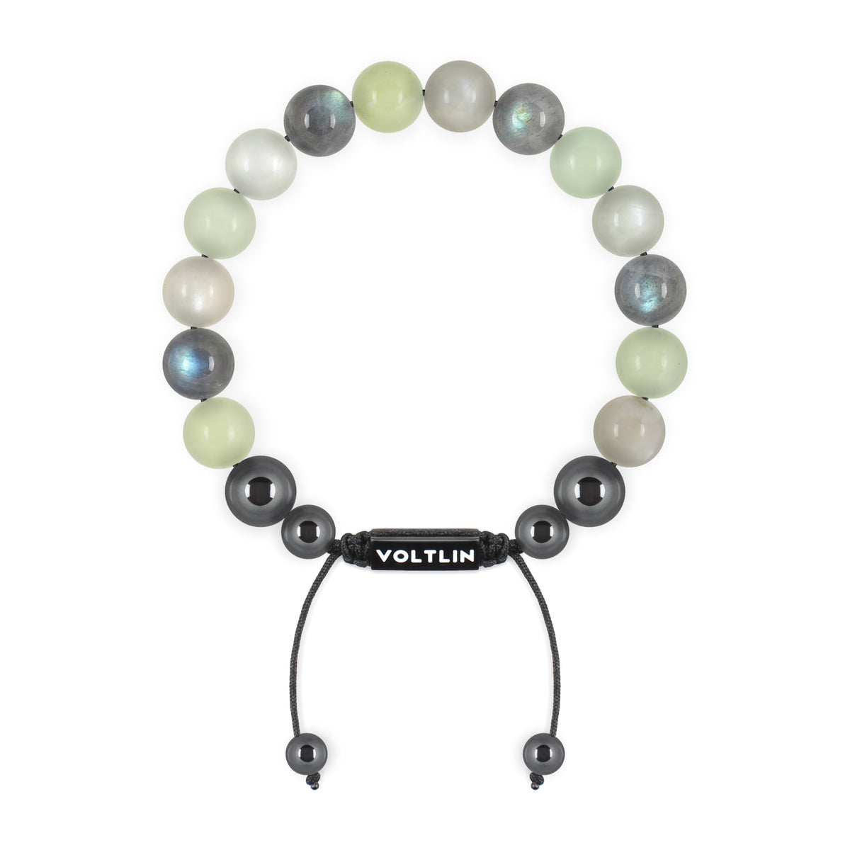 Top view of a 10mm Pisces Zodiac crystal beaded shamballa bracelet with black stainless steel logo bead made by Voltlin