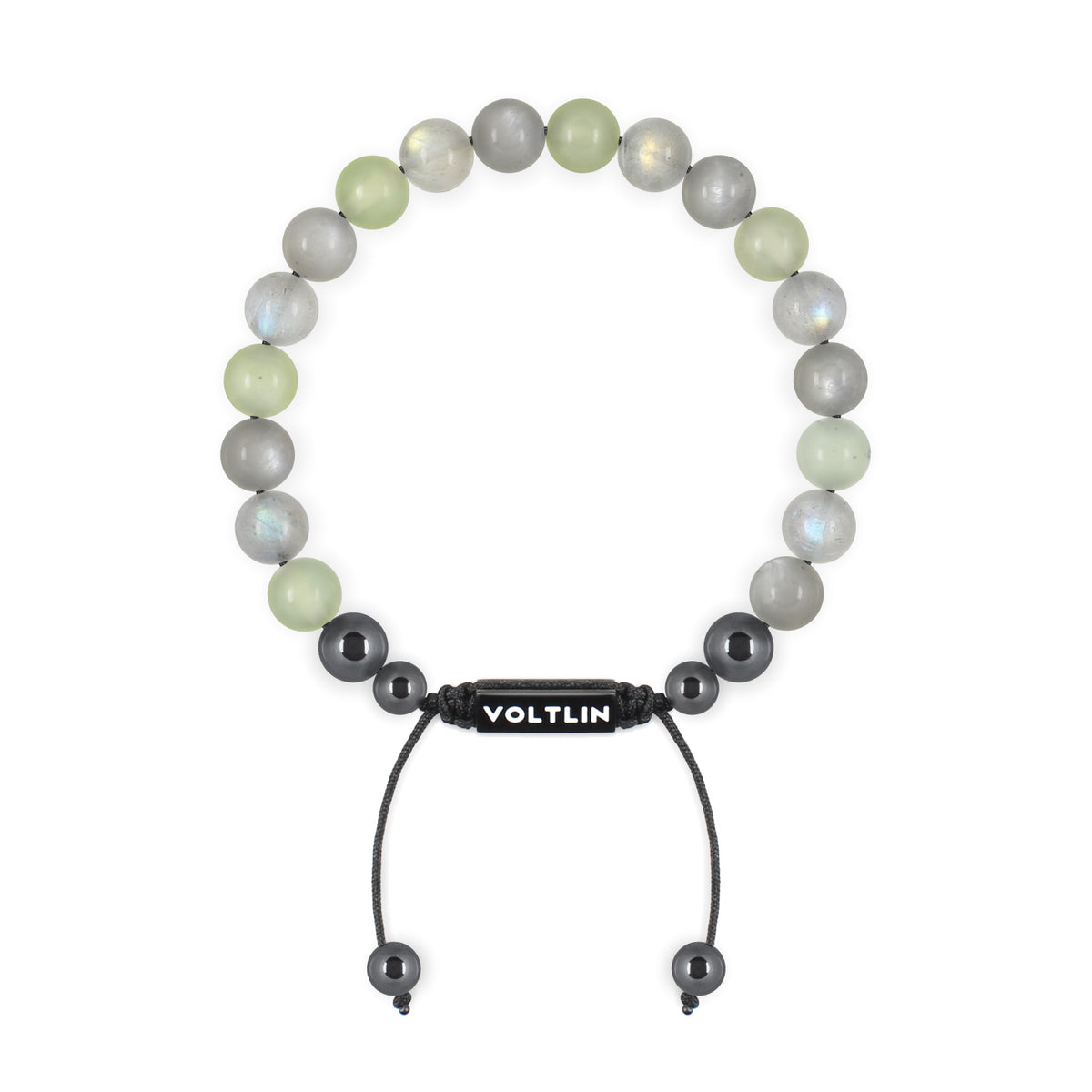 Top view of an 8mm Pisces Zodiac crystal beaded shamballa bracelet with black stainless steel logo bead made by Voltlin