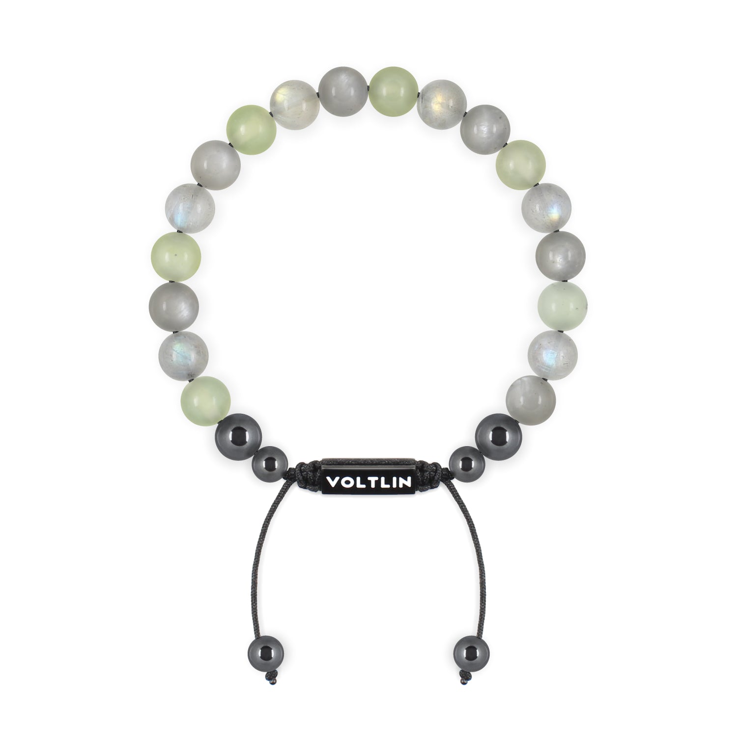 Top view of an 8mm Pisces Zodiac crystal beaded shamballa bracelet with black stainless steel logo bead made by Voltlin