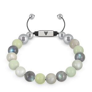 Front view of a 10mm Pisces Zodiac beaded shamballa bracelet featuring Jade, Labradorite, & Moonstone crystal and silver stainless steel logo bead made by Voltlin