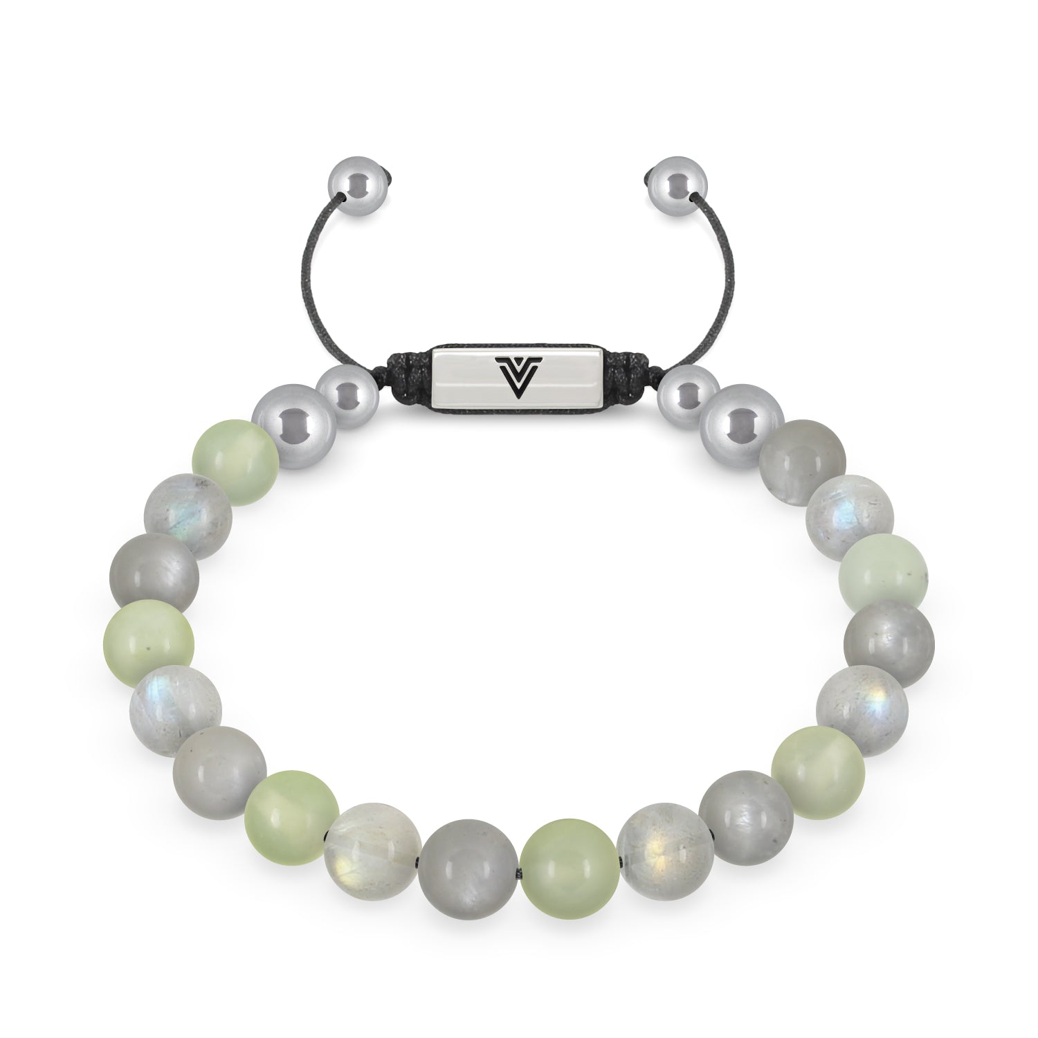 Front view of an 8mm Pisces Zodiac beaded shamballa bracelet featuring Jade, Labradorite, & Moonstone crystal and silver stainless steel logo bead made by Voltlin