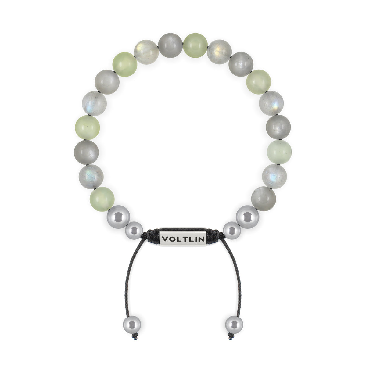 Top view of an 8mm Pisces Zodiac beaded shamballa bracelet featuring Jade, Labradorite, & Moonstone crystal and silver stainless steel logo bead made by Voltlin