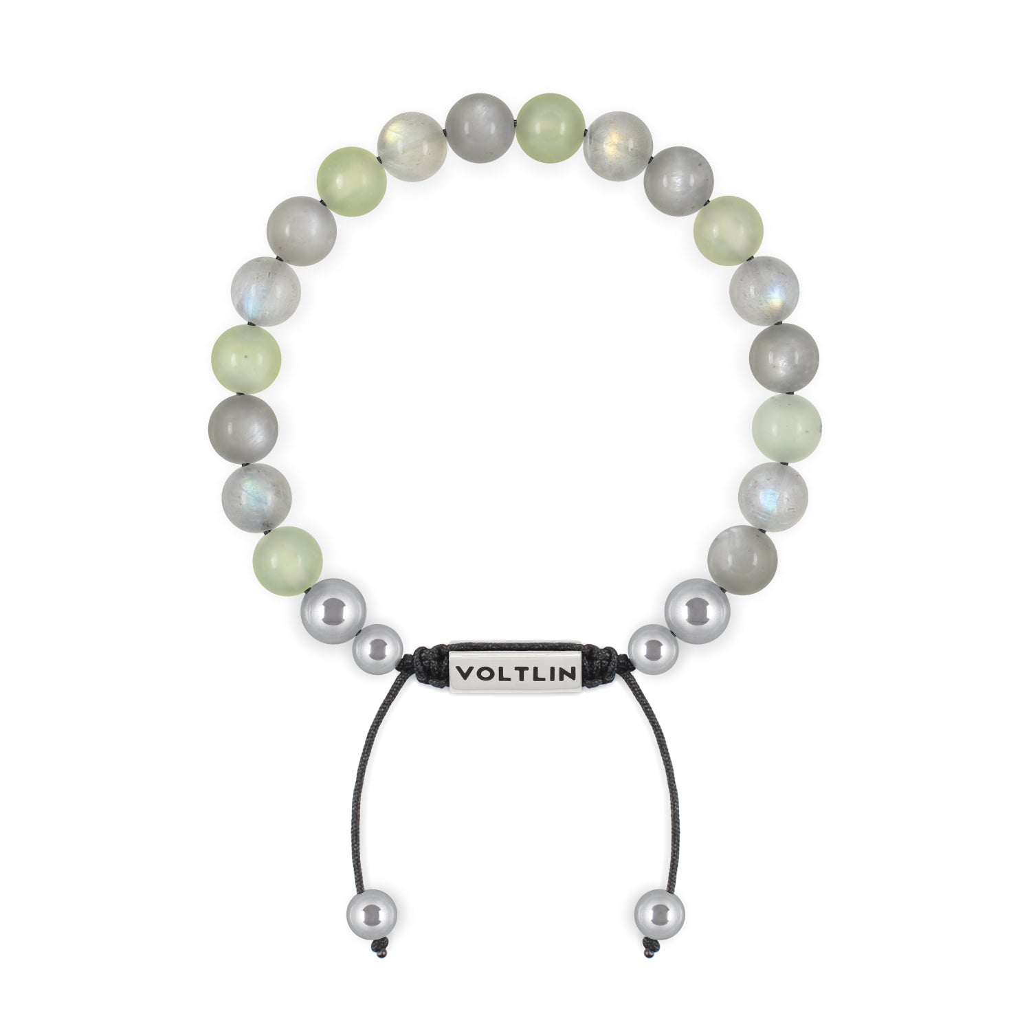 Front view of an 8mm Pisces Zodiac beaded shamballa bracelet featuring Jade, Labradorite, & Moonstone crystal and silver stainless steel logo bead made by Voltlin