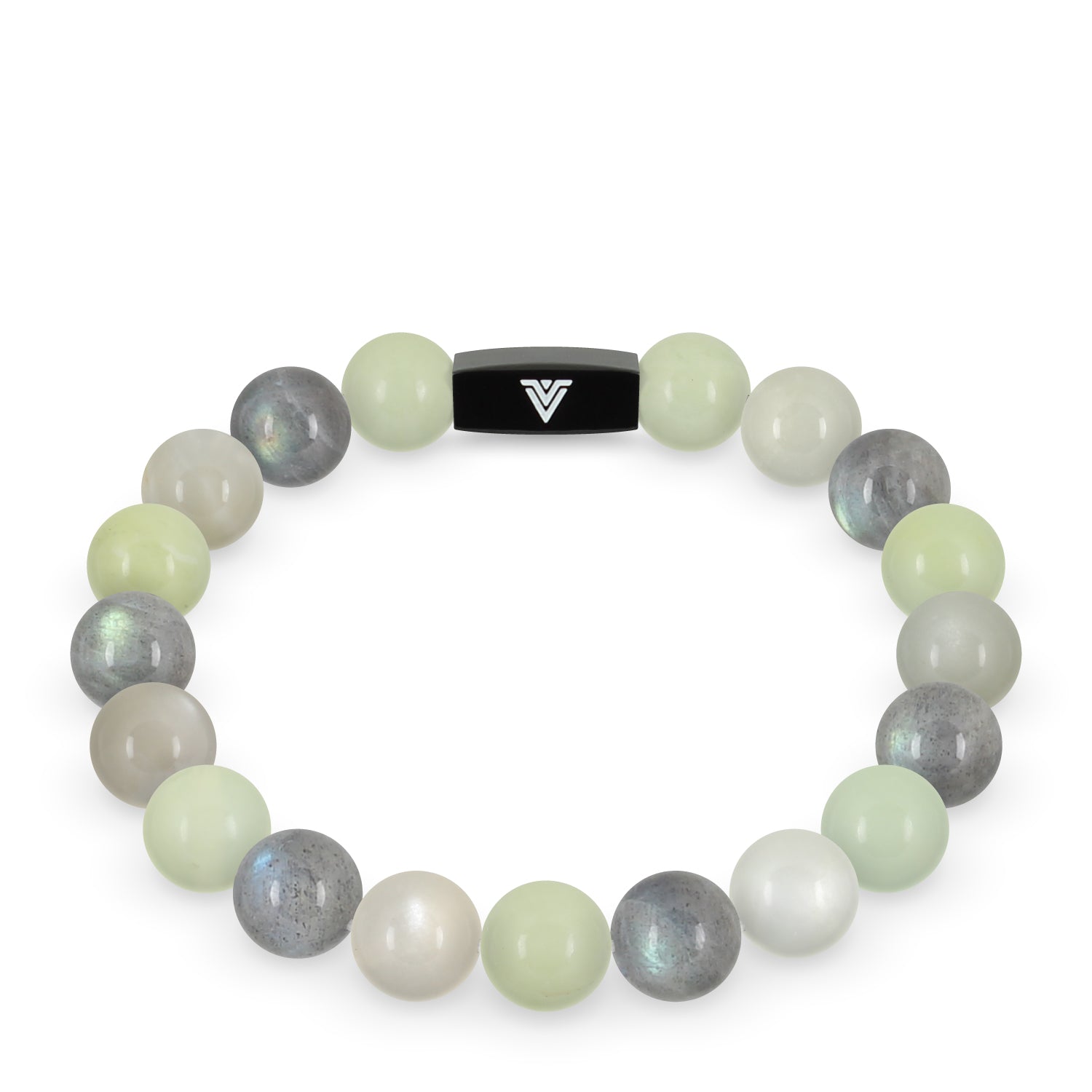 Front view of a 10mm Pisces Zodiac crystal beaded stretch bracelet with black stainless steel logo bead made by Voltlin